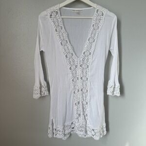 La Blanca Island Fare V-Neck Tunic Cover Up XS Beach Swim Belle Sleeve Semisheer